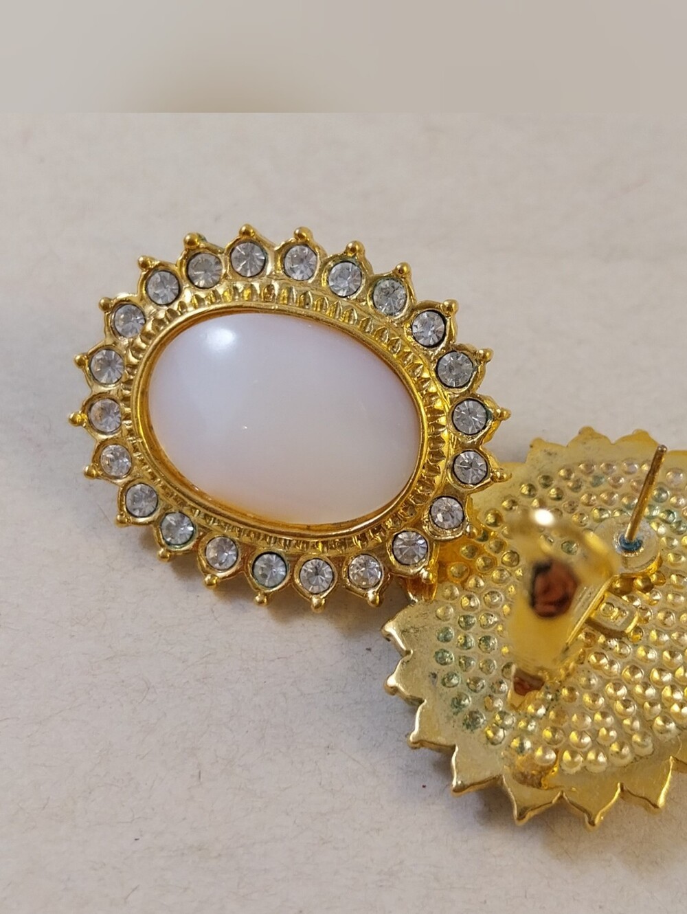 Vintage Gold-Tone White Oval Drop Earrings with Crystal Halo